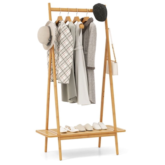 Zaverox Bamboo Clothes Rack with Hanging Rod, Rattan Shelf and Copper Hooks, Freestanding Garment Organizer for Bedroom Closet