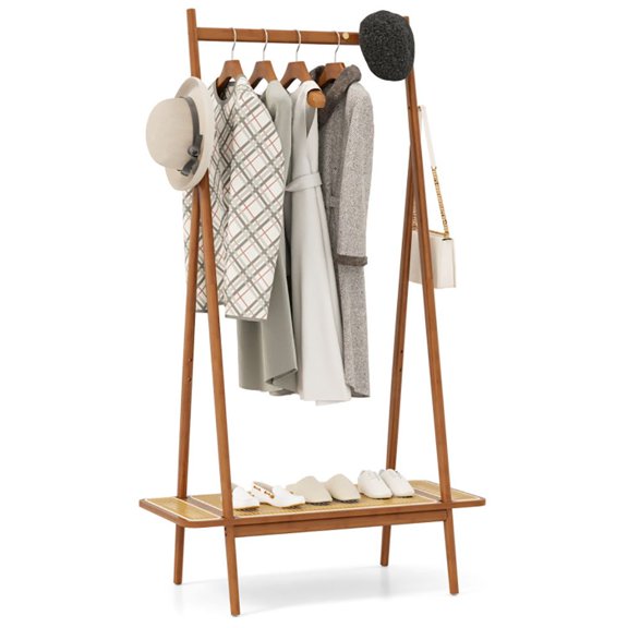 Zaverox  Bamboo Clothes Rack with Hanging Rod, Rattan Shelf and Copper Hooks, Freestanding Garment Organizer for Bedroom Closet