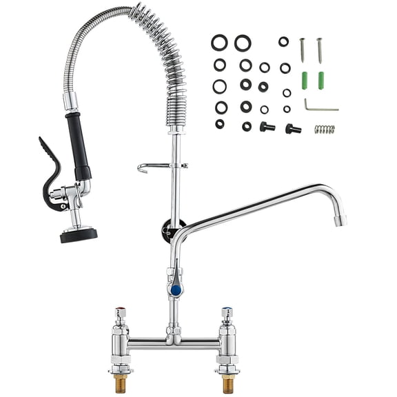 Zaverox Commercial Deck Mount Faucet with Pre Rinse Sprayer, 26 Inch Height, 8 Inch Center, 12 Inch Swing Spout, Brass Pull Down Spray for 1 to 3 Compartment Sink