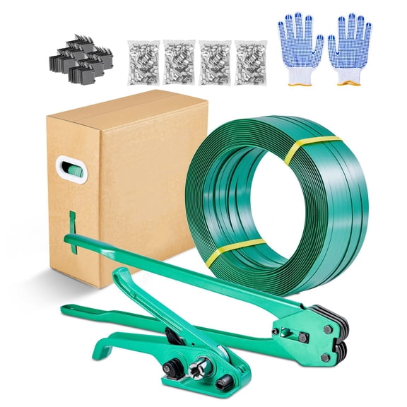 Zaverox Heavy Duty PET Banding Kit, Strapping Sealer Tool with 1500ft PET Strap, 450 Metal Seals, 150 Corner Guards & Work Gloves for Logistics Packing