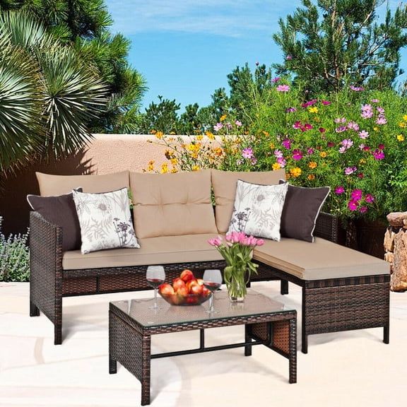 Zaverox Outdoor Patio 3-Piece Rattan Corner Sofa Set, L-Shaped Sectional Cushioned Furniture for Garden, Backyard, Balcony, Weather-Resistant