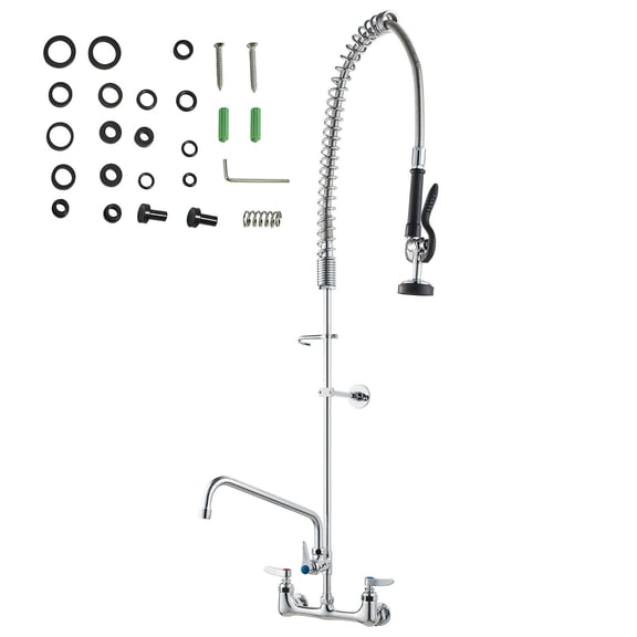 Zaverox Wall Mounted Kitchen Faucet, 47 Inch Tall, 8 Inch Spacing, 12 Inch Rotatable Spout, Pre Rinse Spray Brass Build for Multi Compartment Sinks