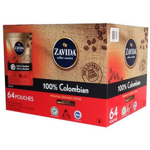 Zavida 100% Colombian, Medium Roast, Premium Ground Coffee, 64 pouches (56.7g/2 oz.), 3.6kg/8 lb
