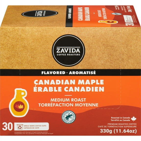 Zavida Canadian Maple Medium Dark Roast Coffee, 30 K-cups, 330g/11.6 oz. Box {Imported from Canada}