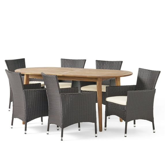 Zavier Outdoor 7-Piece Acacia Wood Dining Set with Wicker Chairs, Teak Finish