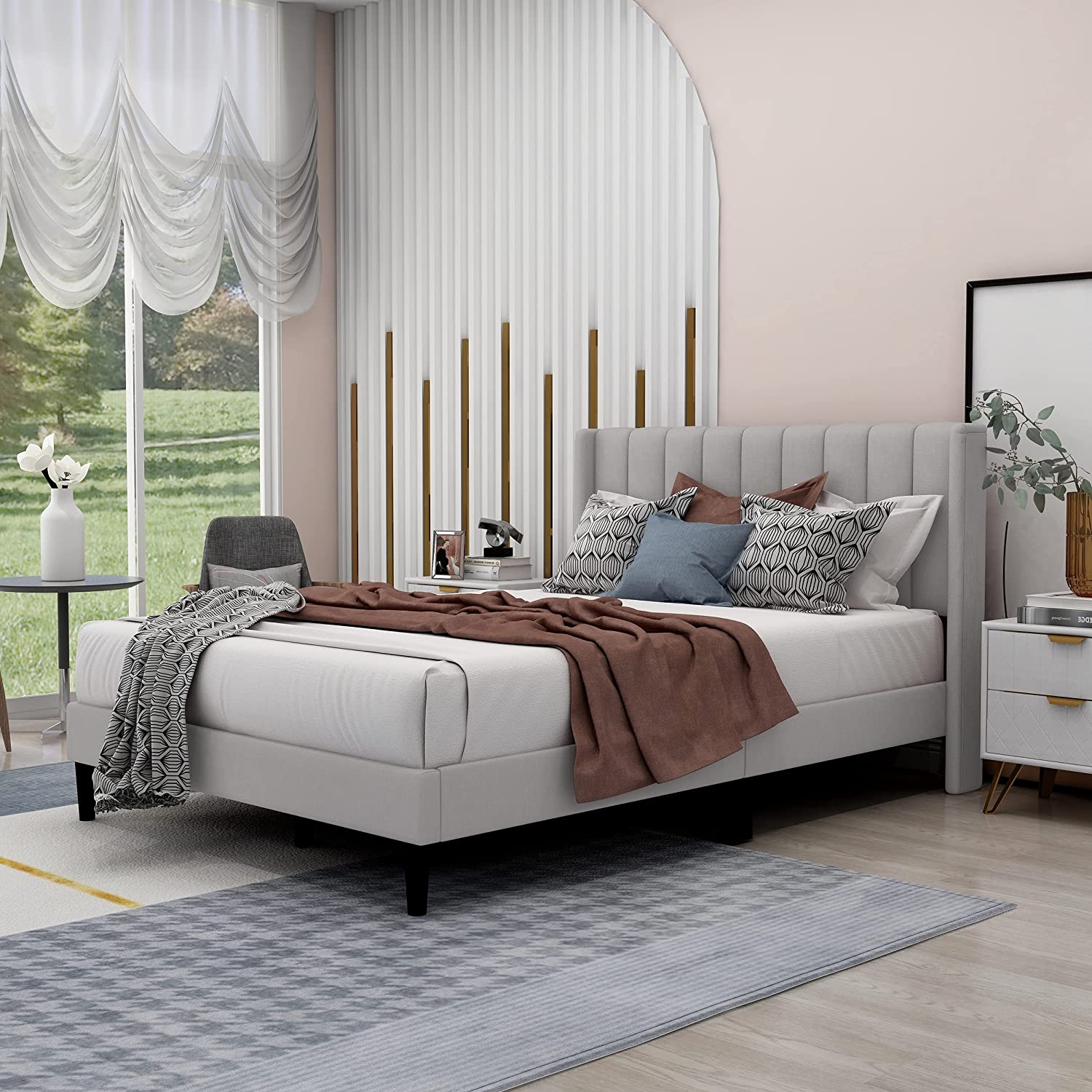 Zavoter Queen Upholstered Platform Bed Frame with Headboard Mattress