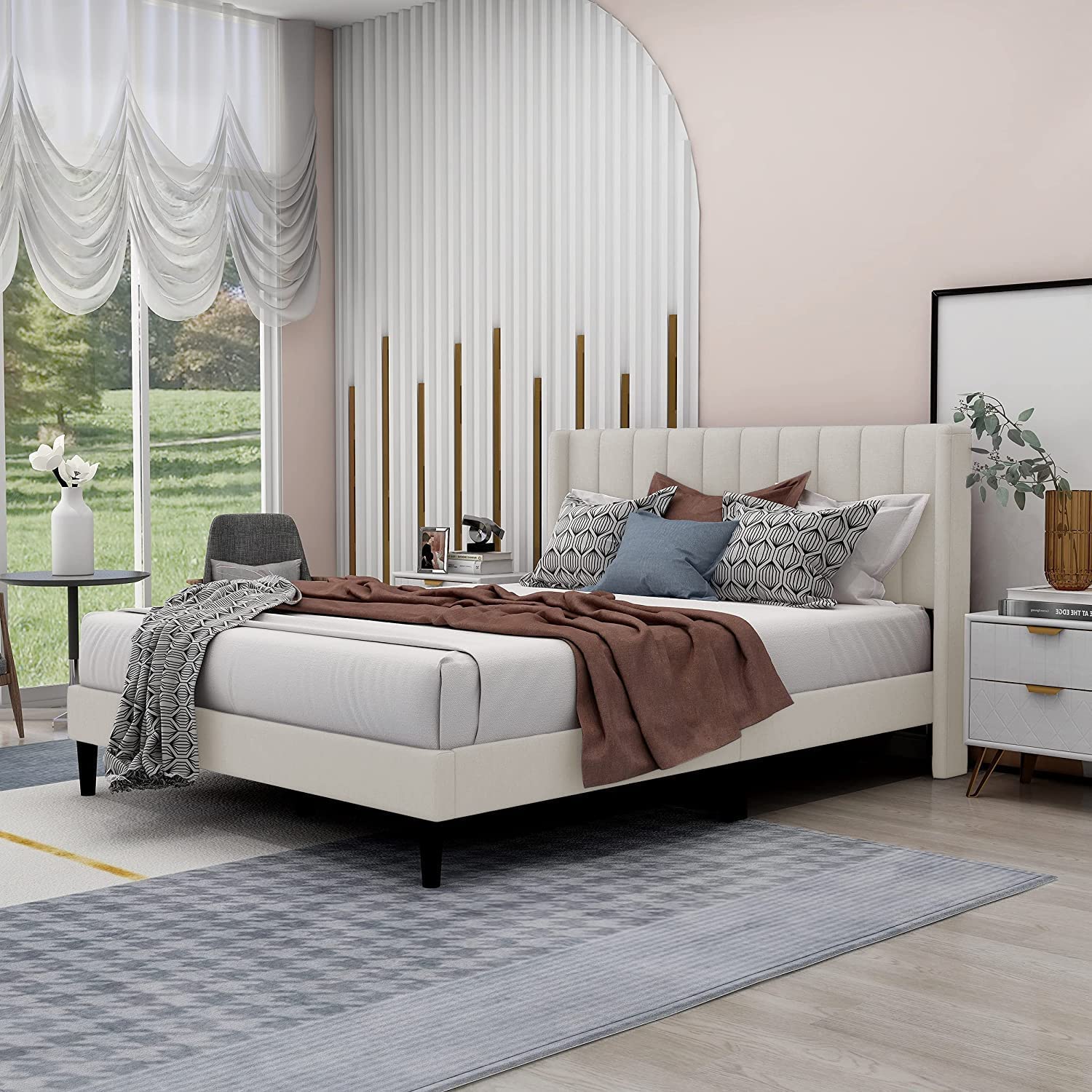 Zavoter Queen Upholstered Platform Bed Frame with Headboard Mattress
