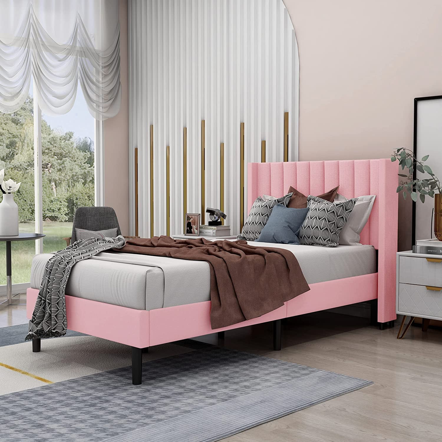 Zavoter Twin Upholstered Platform Bed Frame with Headboard Mattress