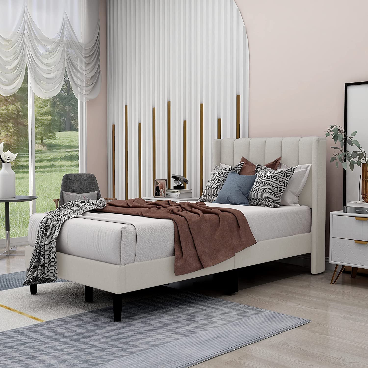 Zavoter Twin Upholstered Platform Bed Frame with Headboard Mattress