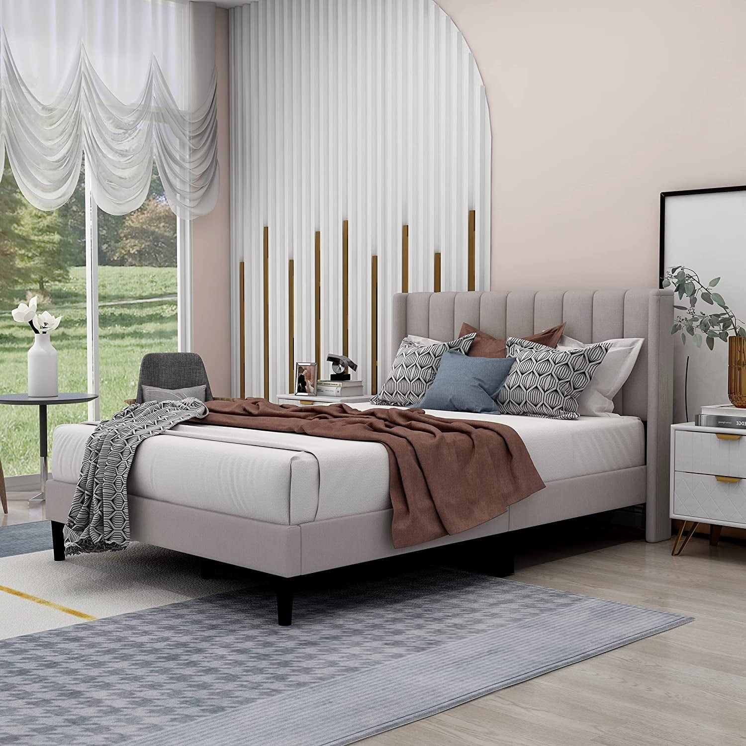 Zavoter Twin Upholstered Platform Bed Frame with Headboard Mattress