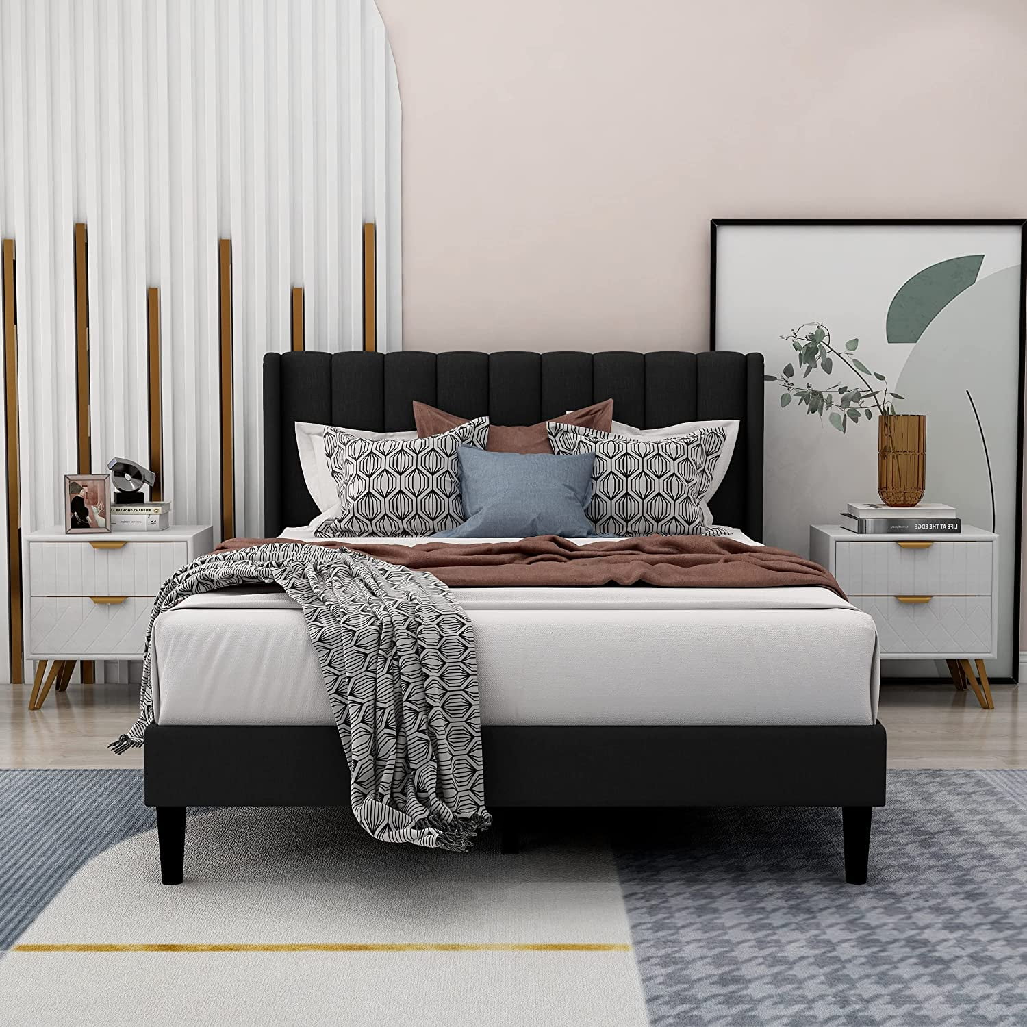Zavoter Twin Upholstered Platform Bed Frame with Headboard Mattress