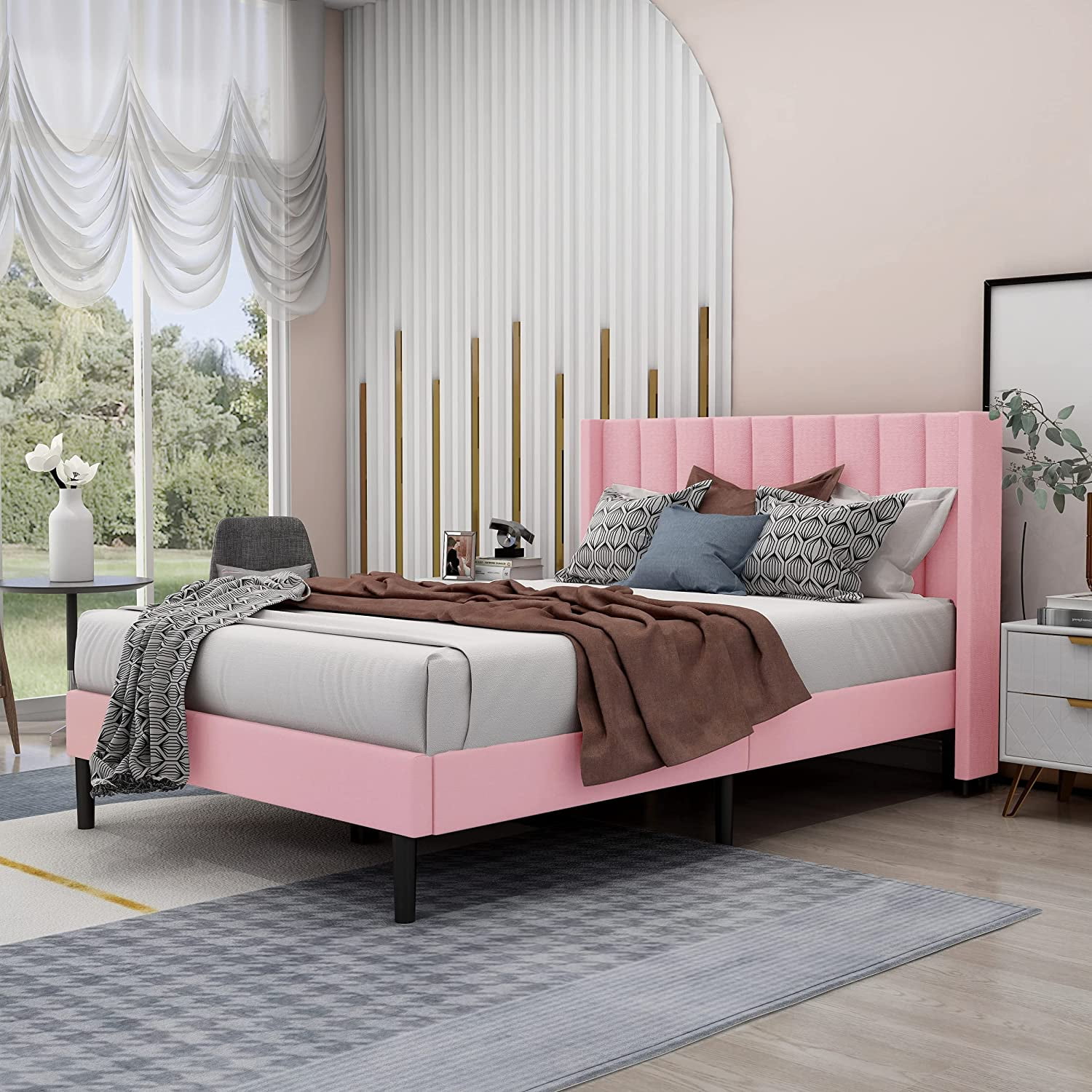 Zavoter Twin Upholstered Platform Bed Frame with Headboard Mattress
