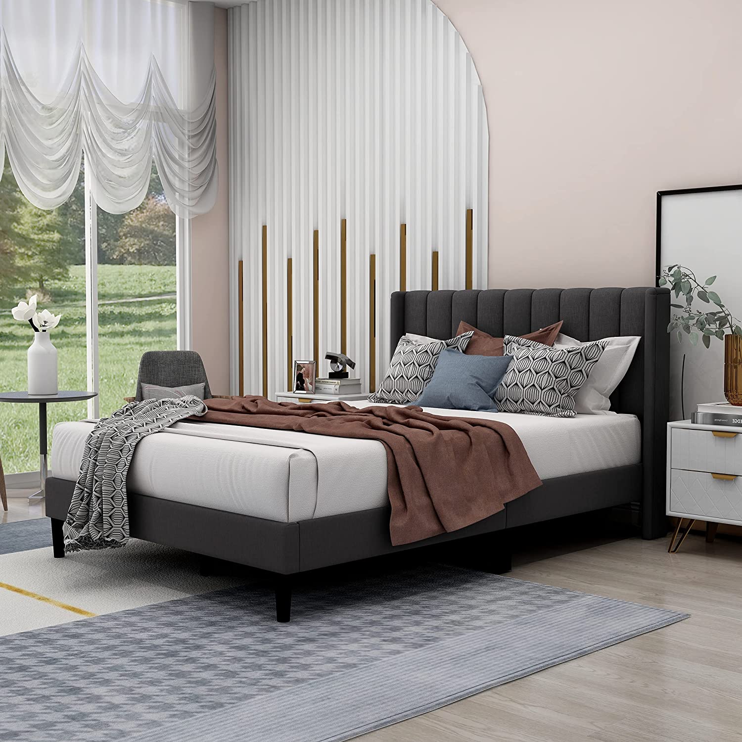 Zavoter Twin Upholstered Platform Bed Frame with Headboard Mattress
