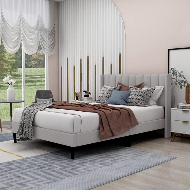 Zavoter Twin Upholstered Platform Bed Frame with Headboard Mattress Foundation Wood Slat Support