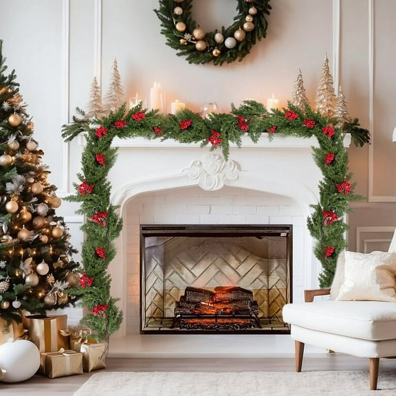Zawou 1.8m Norfolk Pine Garland with Artificial Red Fruits and Pine Cones, Christmas Table, Fireplace, and Wall Decor