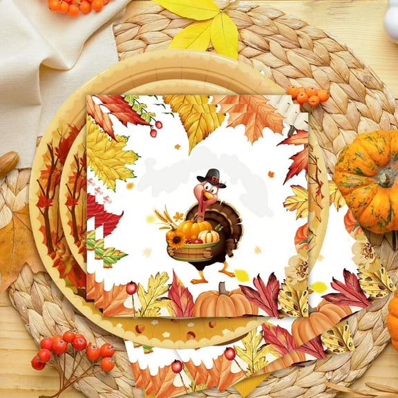 Zawou 16-Piece Thanksgiving Disposable Paper Plates Set, Festive Fall Pumpkin and Leaf Pattern Tableware for Parties, Harvest Dinners, and Seasonal Celebrations