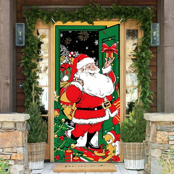 Zawou 35×79 Inch Christmas Door Cover Santa Claus Pattern, Elastic Polyester Front Door Banner for Winter Holiday Party