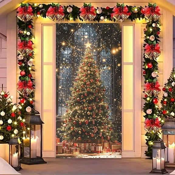 Zawou 35 X 71 Inch Christmas Door Cover with Santa Claus Pattern, Colorful Holiday Front Door Decoration, Festival Party Banner, Indoor Outdoor Seasonal Backdrop