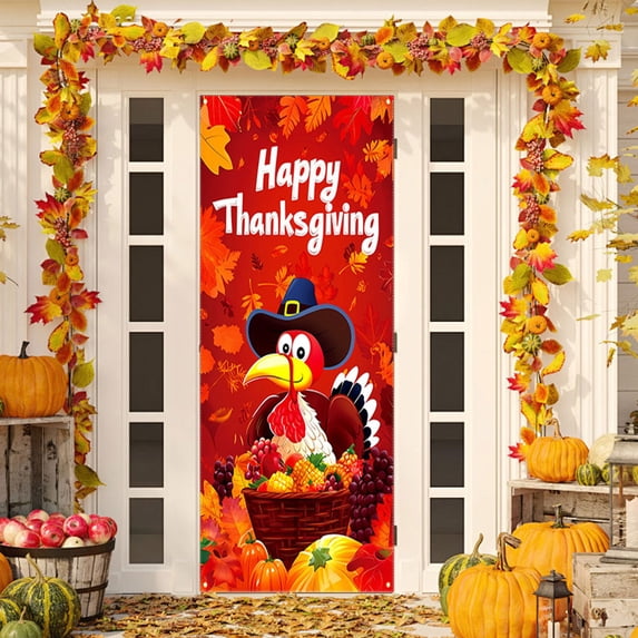 Zawou 35 x 71 Inch Fall Door Banner with Turkey Illustration, Thanksgiving Wall and Door Decoration for Autumn Parties and Holiday Gatherings