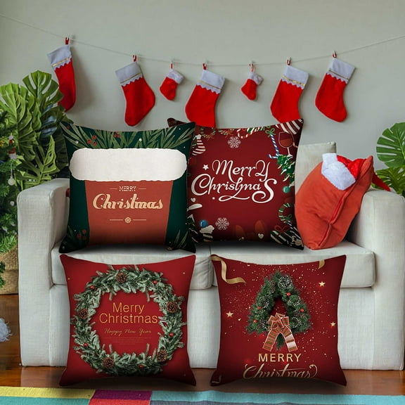 Zawou 4-Piece Christmas Pillow Covers Set with Red Snowflake Embroidery, Soft Cotton Cushion Cases for Sofa, Couch, Bedroom and Holiday Parties 18x18 Inch