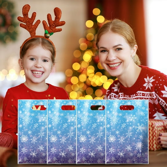 Zawou 50PCS Purple Christmas Gift Bags, Snowflake Printed Plastic Party Treat Bags for Candy, Holiday, Birthday, and Seasonal Gift Giving