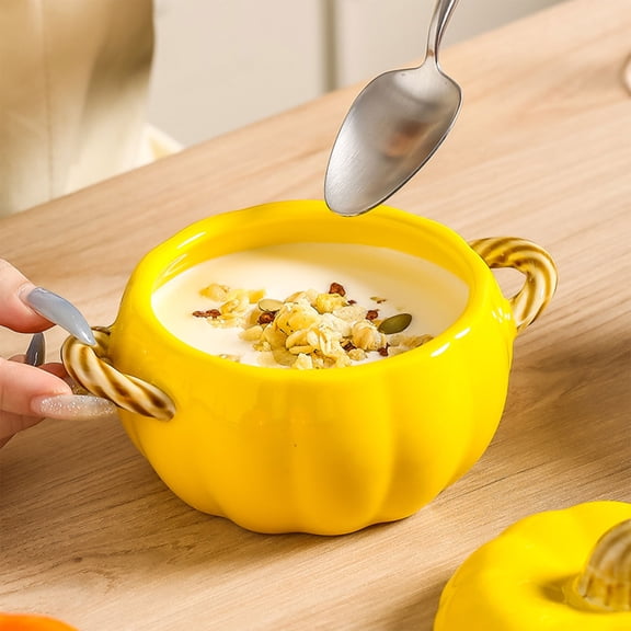 Zawou 800ml Ceramic Pumpkin Bowl with Lid – Cute Mini Dutch Oven Style Tableware for Oatmeal, Snacks, or Holiday Desserts