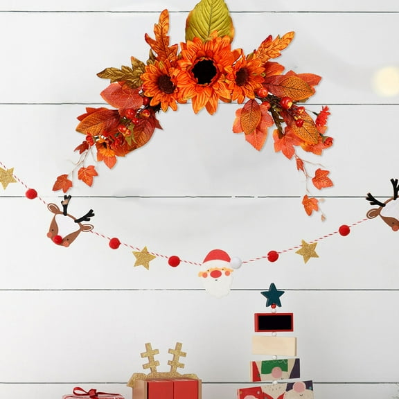 Zawou Artificial Sunflower Door Lintel, Maple Leaf Hanging Swag for Autumn Thanksgiving and Halloween Holiday Decoration, Faux Floral Garland for Front Door or Wall