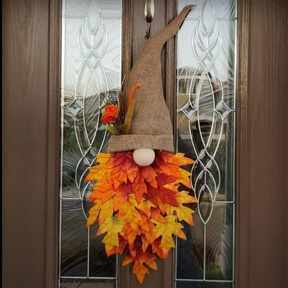 Zawou Autumn Maple Leaf Wreath with Gnome and Vibrant Flowers for Halloween, Thanksgiving, and Fall Home Decoration Door Hanging