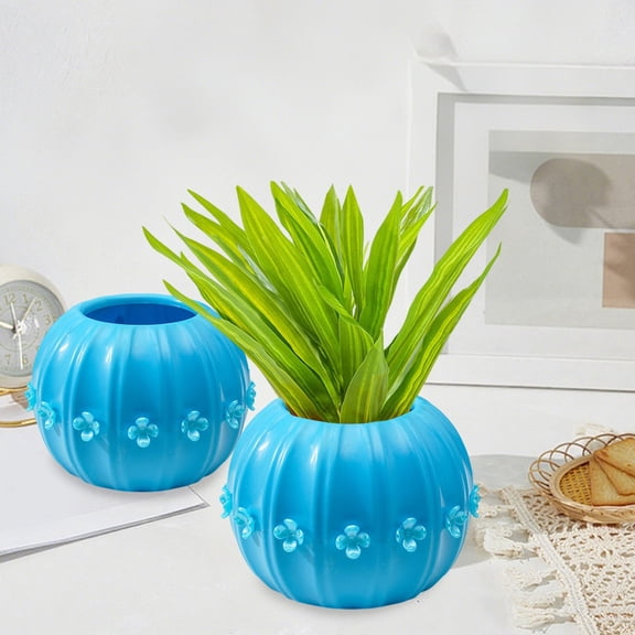 Zawou Blue Pumpkin-Shaped Decorative Vase with Petal Design, Creative Plastic Flower Pot for Hydroponic Plants, Indoor Home Office, Autumn and Halloween Seasonal Décor