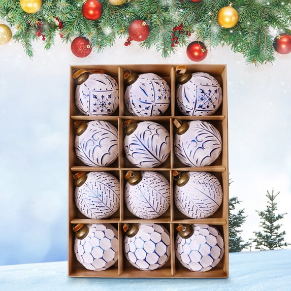 Zawou Christmas Ball Ornaments Set, 12psc 8cm Hand-Printed Christmas Balls Shatterproof Assorted Hanging Ornaments, Elegant Glass Christmas Decorations for Christmas Tree Party Decoration