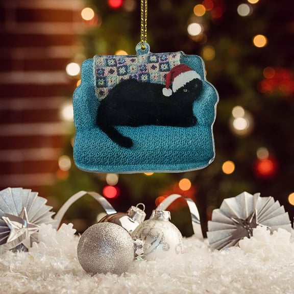Zawou Christmas Cat Tree Ornament Acrylic Decoration, Black Cat Expression Pendant Multicolor Hanging Decor for Holiday Party and Indoor Fun