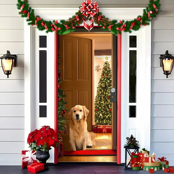 Zawou Christmas Door Cover, 70 x 35 Inches, Cute Santa Dog Design, Festive Winter Holiday Decoration Banner for Indoor and Outdoor Parties