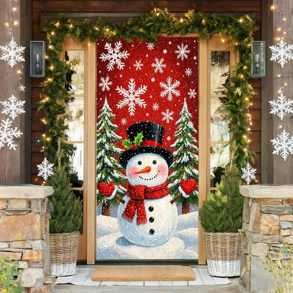 Zawou Christmas Door Cover Flag, Snowman Scene Decorative Banner for Front Door, Indoor and Outdoor Holiday Photography Prop