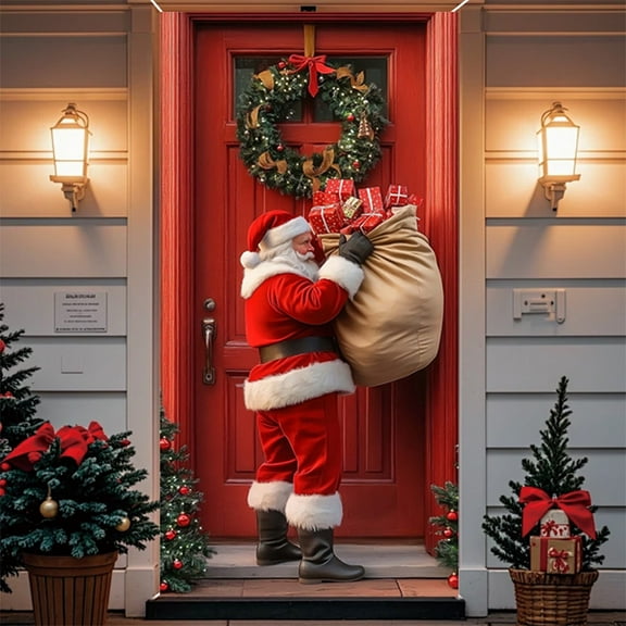Zawou Christmas Door Cover Made of Ice Silk Fabric with Elastic Straps, Festive Front Door Decoration for Holiday Parties
