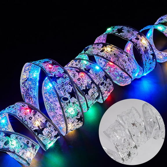 Zawou Christmas Ribbon Light String, Double-Layer Gold Stamped Ribbon with 30 LED Lights, Festive Tree, Garland, and Wreath Decoration