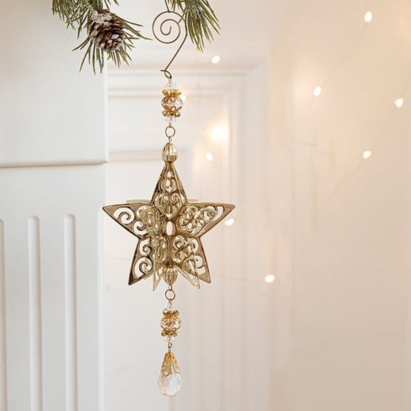 Zawou Christmas Tree Iron Pendant Decorations, Gold Metal Filigree Star with Crystal Beads, Elegant Holiday Hanging Ornaments