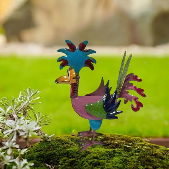 Zawou Colorful Metal Rooster Garden Statue Wrought Iron Patio, Porch and Indoor Decoration Suitable for Christmas and Halloween Gifts