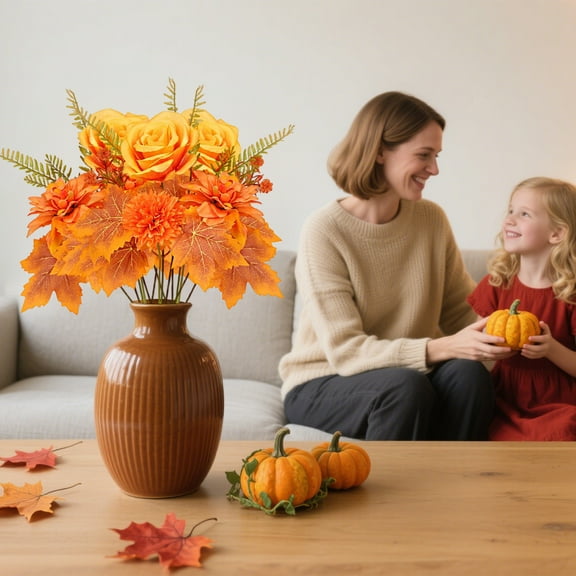 Zawou Fall Color Artificial Flower Bouquet with Maple Leaves, Pumpkins, and Berries for Thanksgiving, Halloween, and Harvest Table Centerpiece Decoration