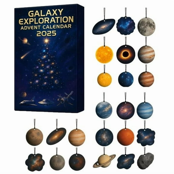 Zawou Galaxy Exploration Advent Calendar 2025, 24 Pieces Distinctive Acrylic 2d Space Planet Pendant, Christmas Holiday Hanging Ornaments for Xmas Tree Decoration Xmas Countdown Box