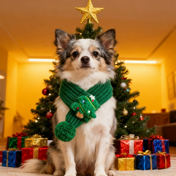 Zawou Green Knitted Pet Christmas Scarf, Festive Holiday Accessories for Cats and Dogs, Cozy and Comfortable Winter Neckwear, Seasonal Outfit for Small, Medium, and Large Pets