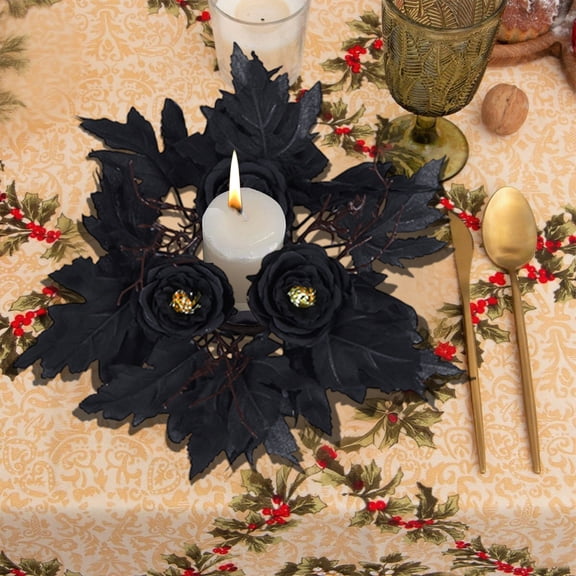 Zawou Halloween Black Maple Leaf Candle Wreath – Gothic Fall Candle Ring with Rose and Skull Accents, Perfect for Spooky Party and Harvest Home Decor