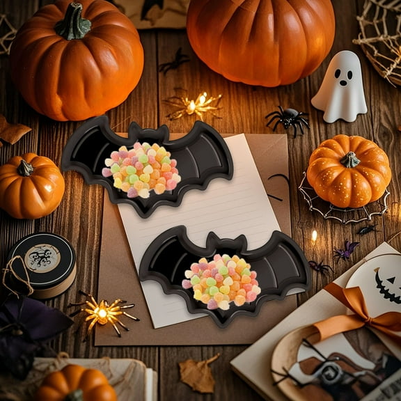 Zawou Halloween Party Decorative 2pc Ceramic Dessert and Jewelry Serving Trays, Cute Bat, Pumpkin, and Ghost Themed Plates for Candy, Snacks, and Table Display