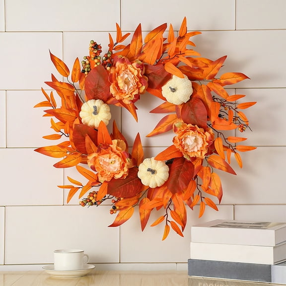 Zawou Large Orange Artificial Pumpkin and Maple Leaf Wreath for Front Door, Thanksgiving and Halloween Wall Hanging