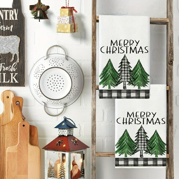 Zawou Merry Christmas Kitchen Dish Towels Set, 19x16 Inch Winter Holiday Tea Towels for Cooking and Baking, Absorbent Cotton Cloths with Festive Prints