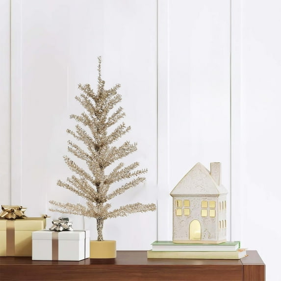 Zawou Mini Beige Christmas Tree with Decorative Themed Props for Desks, Shelves, and Small Spaces