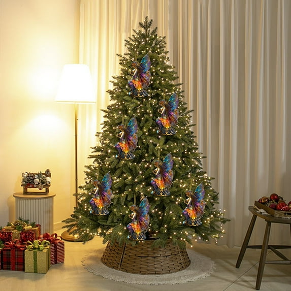 Zawou Multicolor Acrylic Angel Ornaments Set, 5 Hanging Decorations for Christmas Trees, Car or Party Displays, Vibrant Holiday 2D Pendants