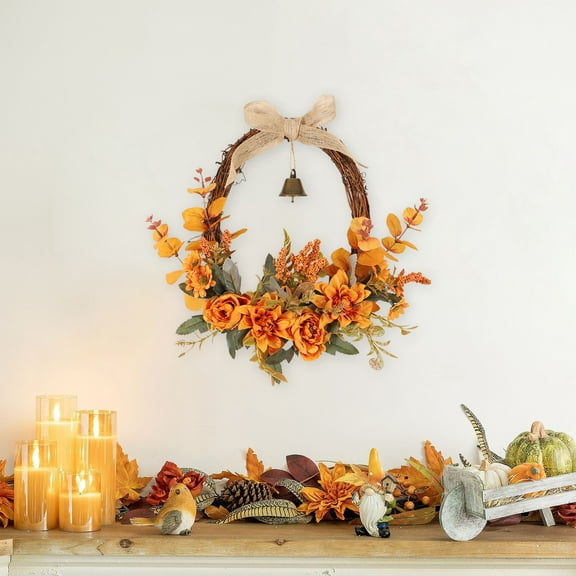 Zawou Orange Artificial Fall Flower Wreath for Front Door, Thanksgiving Harvest Festival Outdoor Wall Hanging Decoration