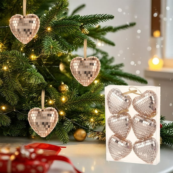 Zawou Pink Disco Heart Christmas Balls - 6PCS 6CM Hanging Ornaments for Tree, Party, Bar, or Photography Stage Decorations
