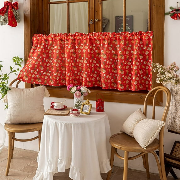 Zawou Red Christmas Window Curtains, Printed Short Holiday Curtains for Home, Seasonal Indoor Décor, Festive Tree Pattern Design