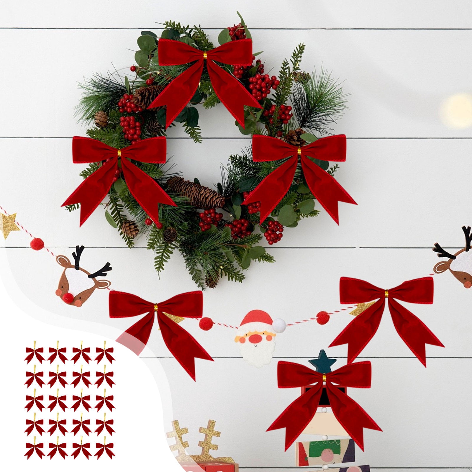 Zawou Red Flocking Fabric Ribbon Bows 20-Piece Set Featuring Wired ...